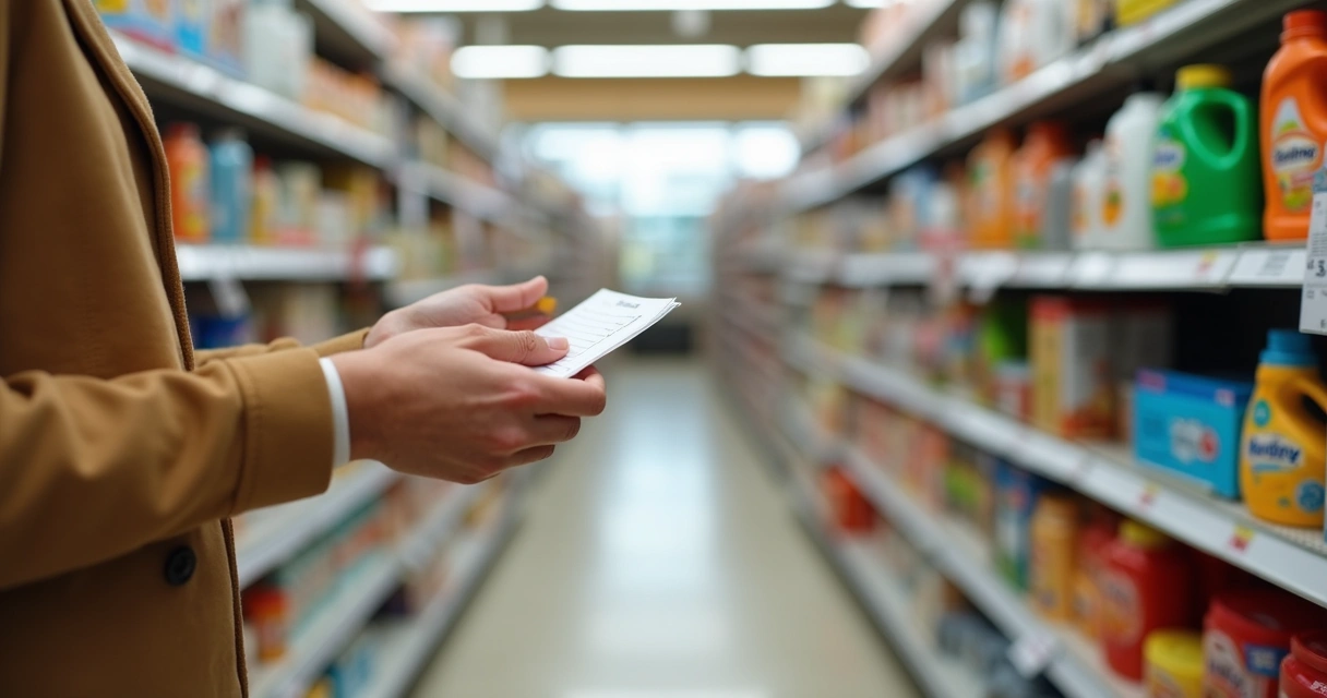 Pessoa comparando produtos em prateleira com lista na mão 