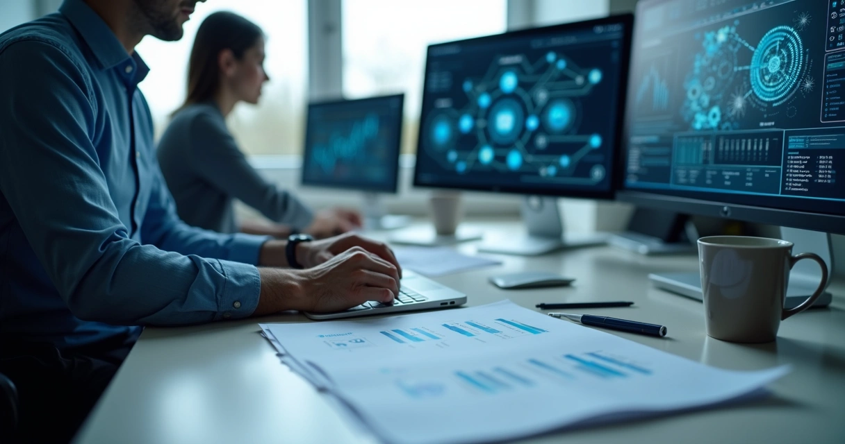 Profissional avaliando opções de software de automação