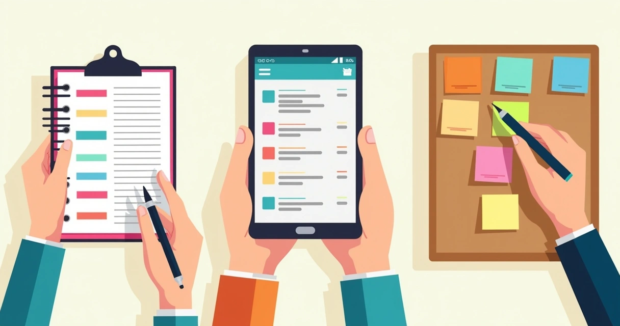 Pessoa escolhendo entre planner físico, aplicativo celular e bloco de notas