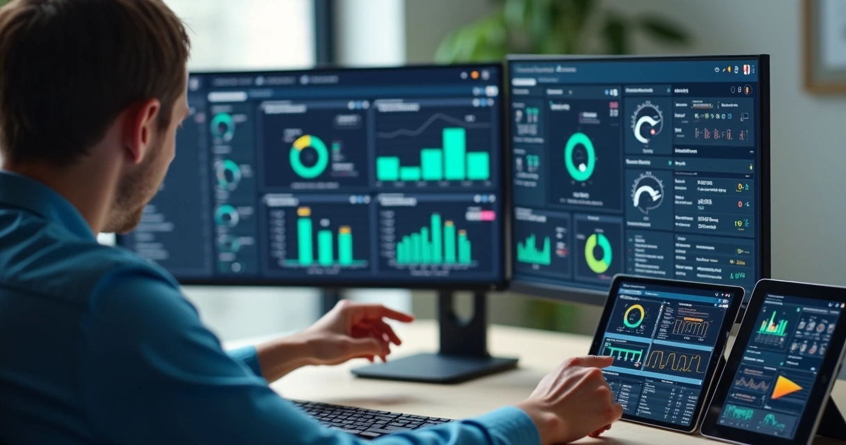 Pessoa analisando diferentes ferramentas de automação em telas digitais 