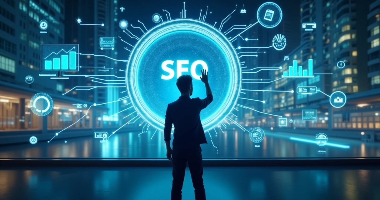 Pessoa escolhendo ferramentas de SEO em painel digital futurista 