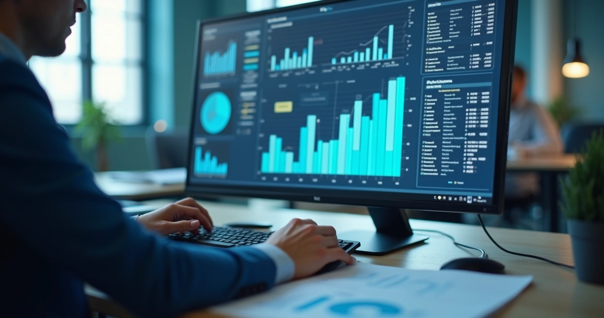Gestor analisando ferramentas digitais em tela cheia 