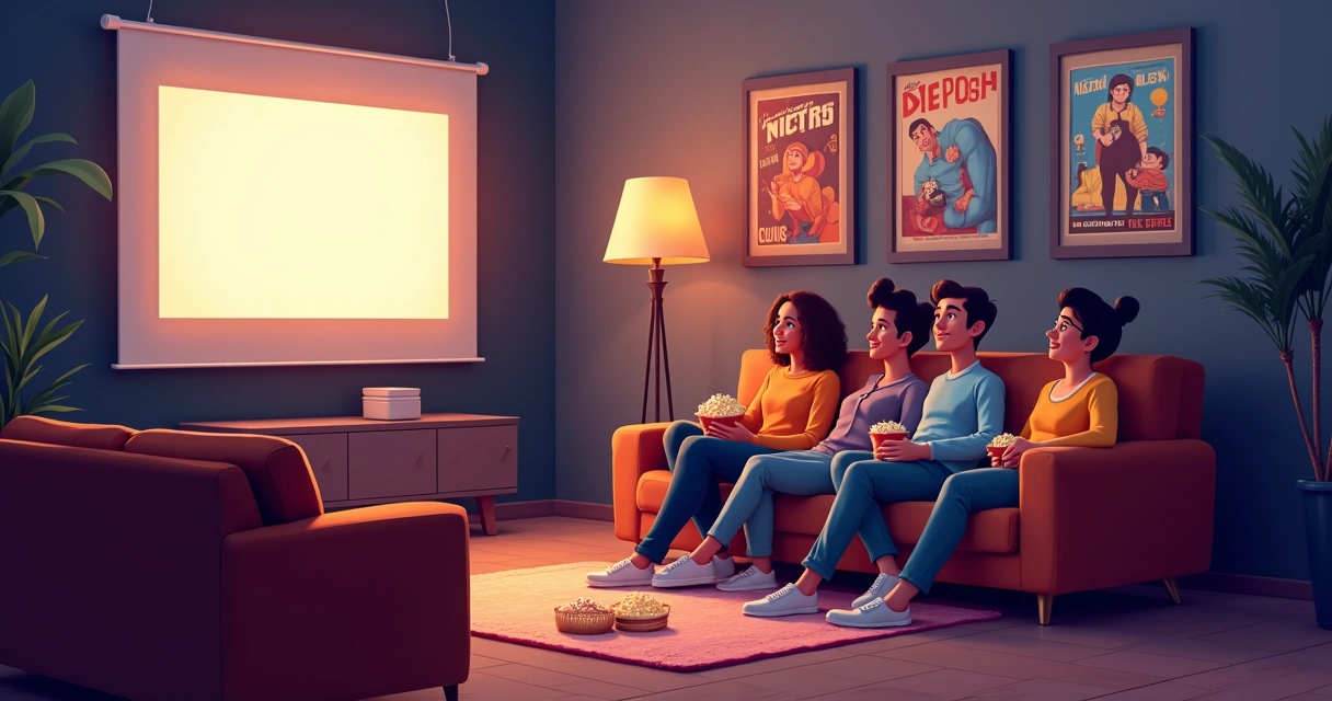 Pessoas reunidas em um sofá assistindo filme com pipoca na mesa, ambiente aconchegante 