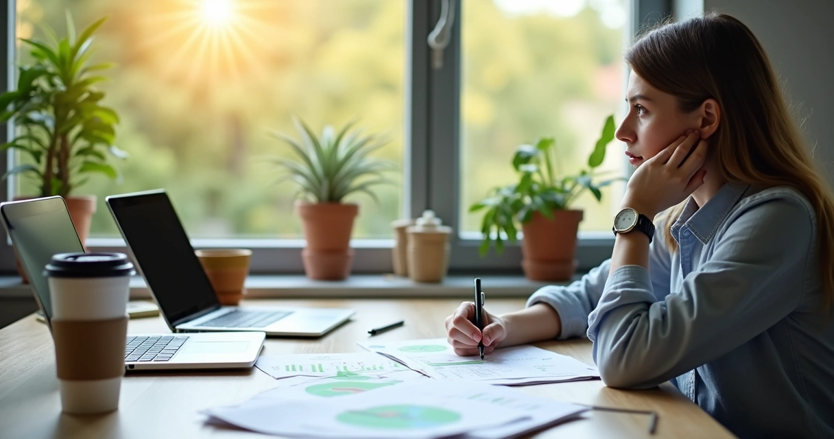 Pessoa analisando diferentes opções financeiras éticas em uma mesa 