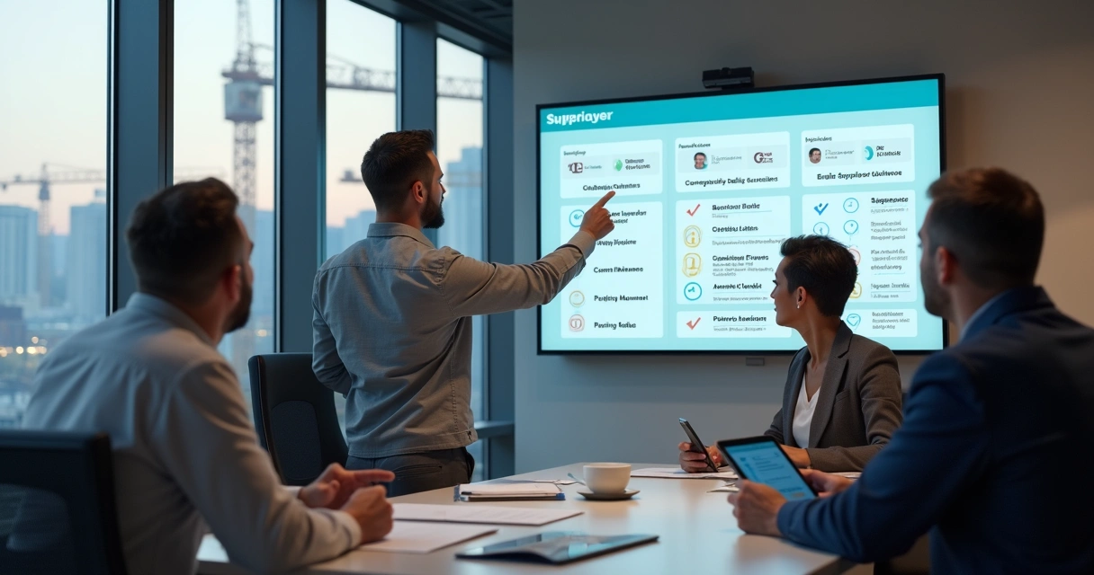 Gestores avaliando lista de fornecedores para obra em painel digital
