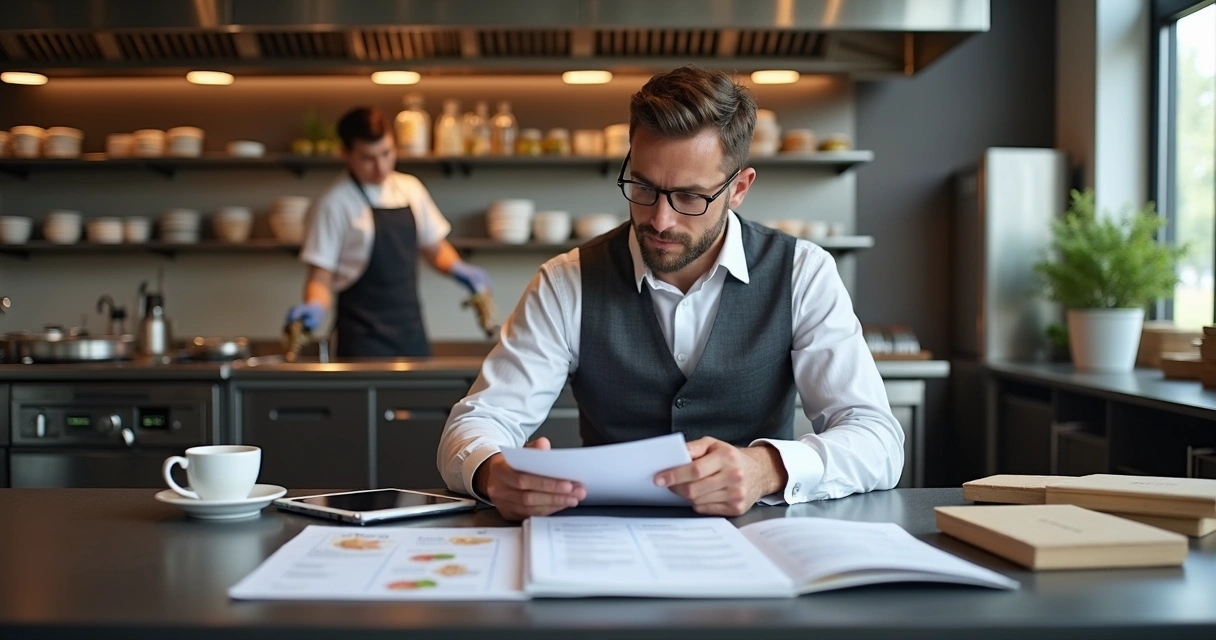 Profissional analisando acordos com fornecedores para delivery em ambiente de cozinha industrial moderna 