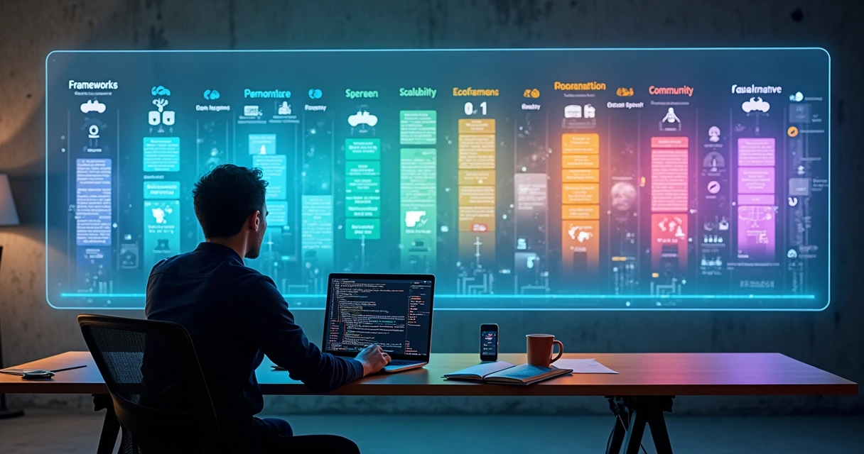 Desenvolvedor escolhendo framework para app diante de grande mural digital interativo 