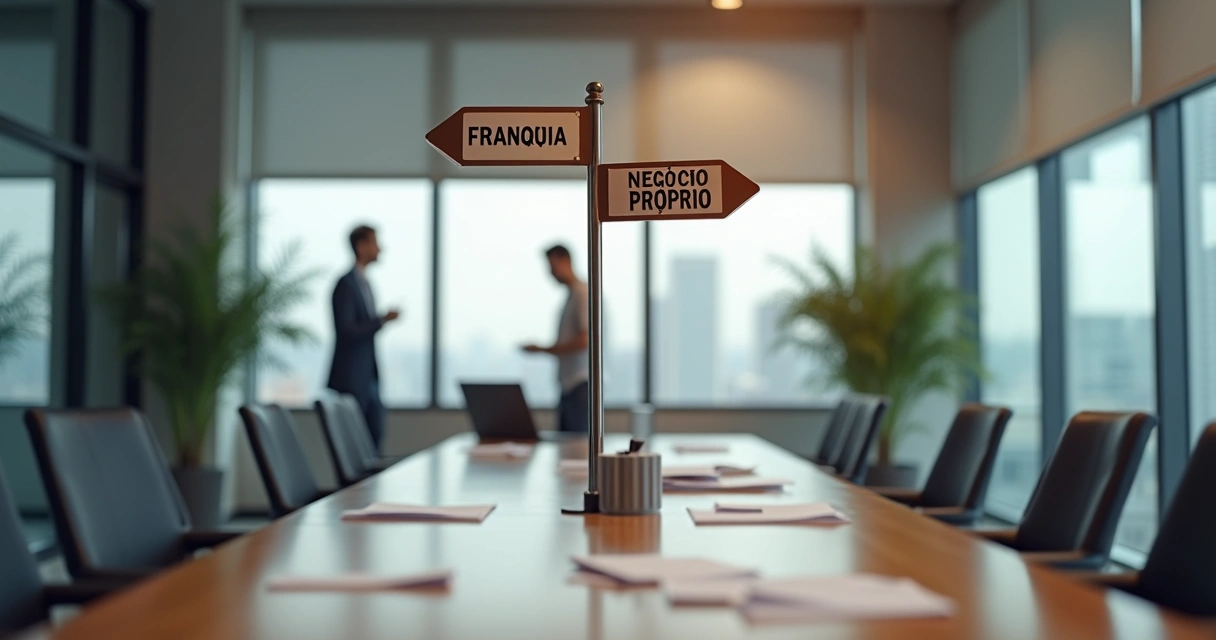 Pessoa em uma bifurcação avaliando franquia e negócio próprio 