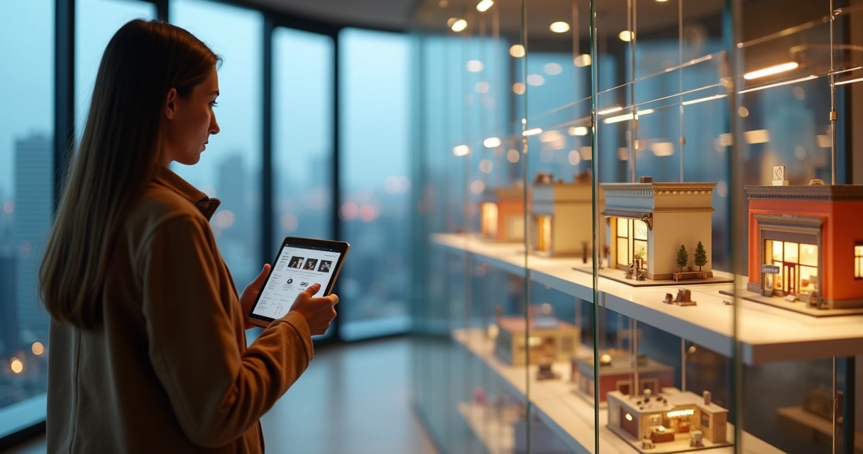 Investidor observando vitrine com diferentes tipos de franquias representadas como lojas em miniatura 