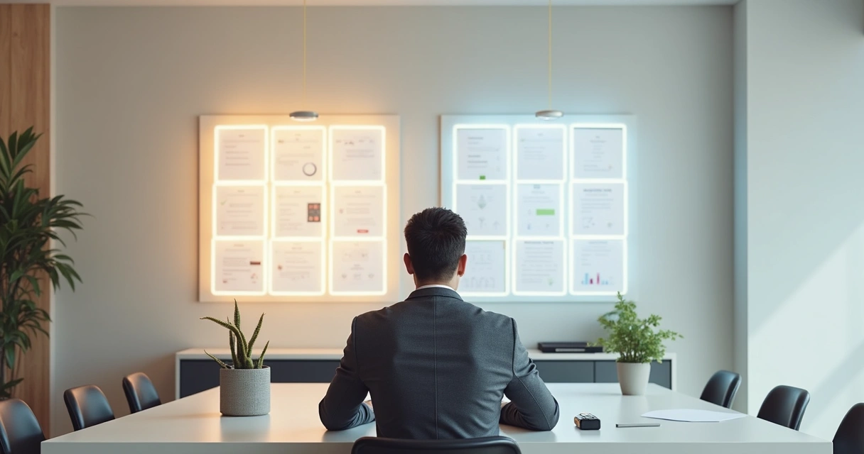 Balança de documentos representando MEI e PJ, com freelancer pensativo ao centro