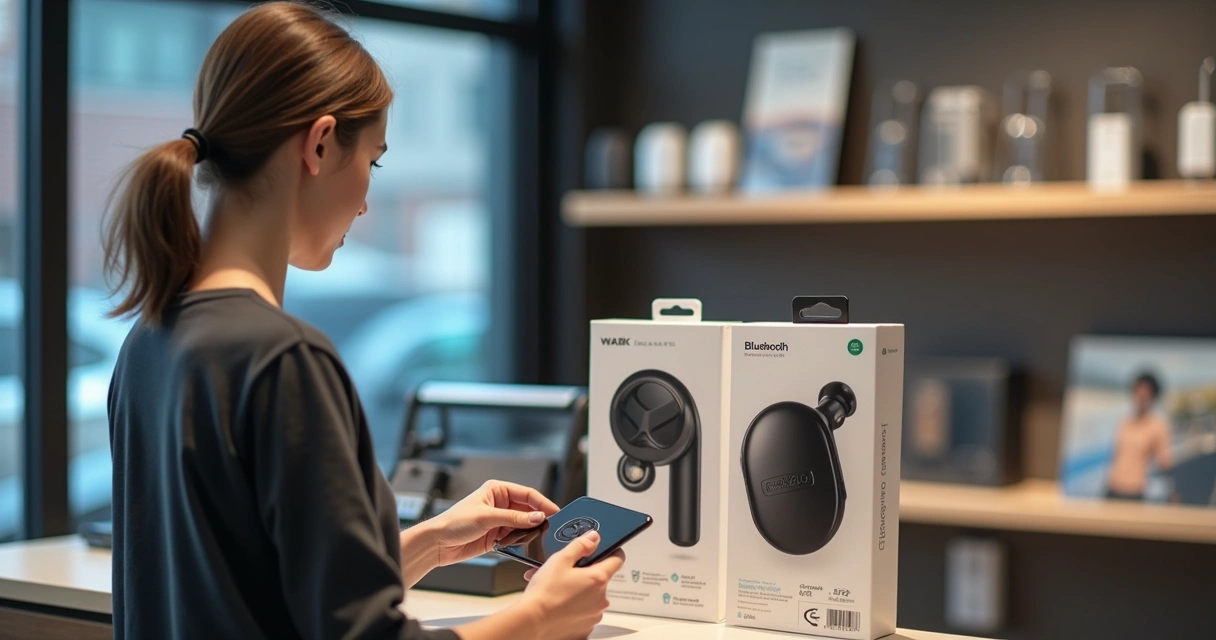 Pessoa comparando especificações de gadgets Bluetooth com embalagem 