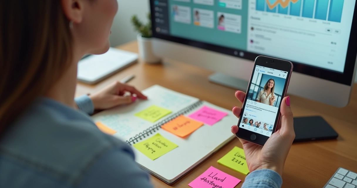 Exemplo visual de seleção cuidadosa de hashtags no Instagram, com post-its coloridos mostrando diferentes hashtags e um celular ligado na tela do aplicativo Instagram 