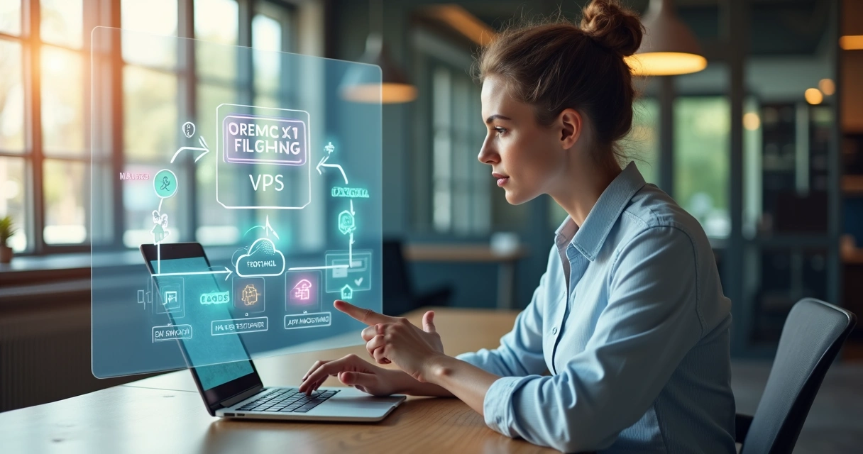 Pequena empresária escolhendo tipo de hospedagem de site em painel visual 