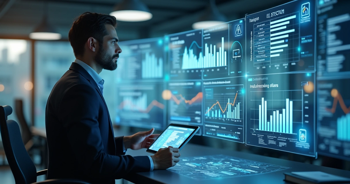 Profissional analisando gráficos e dados de IA em telas digitais modernas 