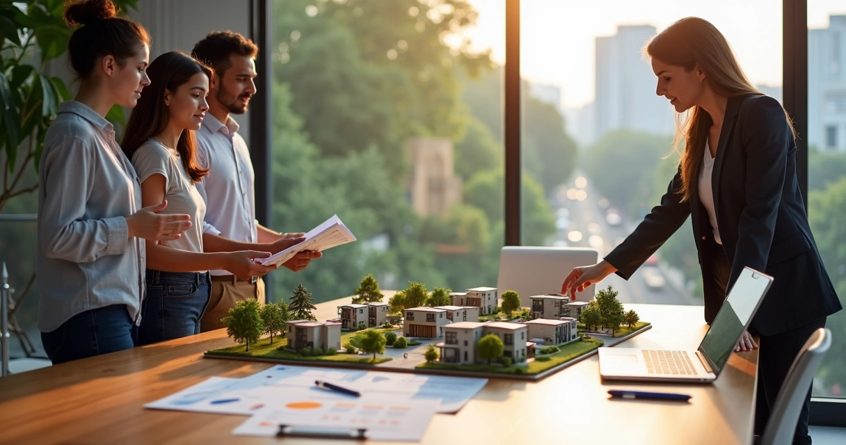 Família avaliando maqueta de bairro em mesa de imobiliária moderna 