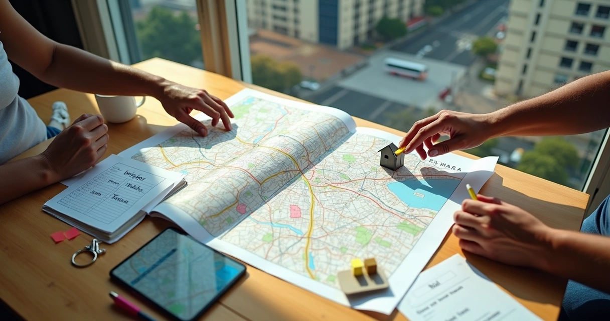 Vista aérea de casal apontando opções de imóveis em bairro urbano arborizado 