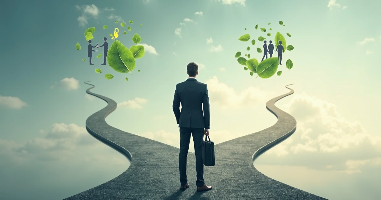 Pessoa de terno pensando, diante de caminhos divergentes representando decisões profissionais