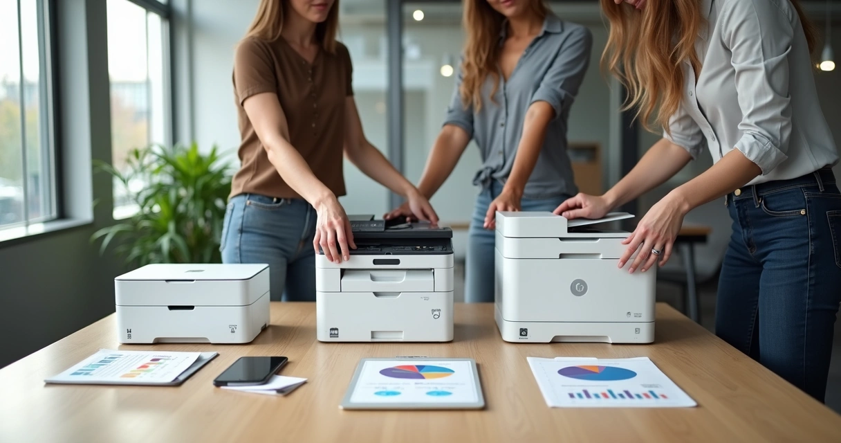 Equipe avaliando diferentes impressoras dispostas em bancada de escritório moderno 