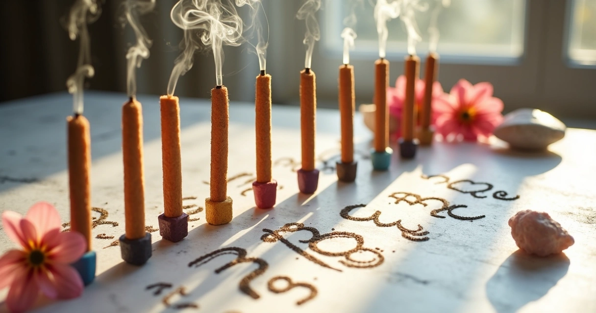 Doze incensos diferentes lado a lado, cada um com um símbolo do signo correspondente desenhado na base 