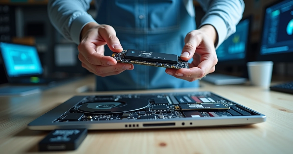 Técnico segurando SSD acima de notebook aberto em bancada de trabalho moderna 