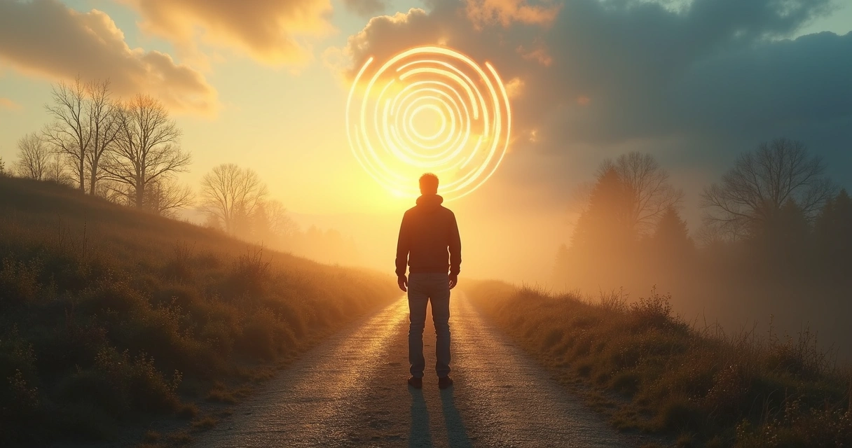 Pessoa em encruzilhada entre luz suave e sombras representando intuição e conflito interno 