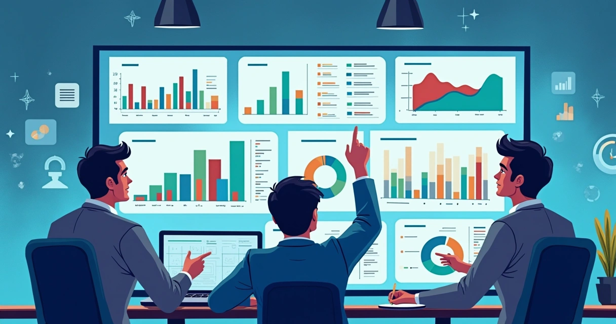 Gráfico de indicadores com pessoas analisando dados 