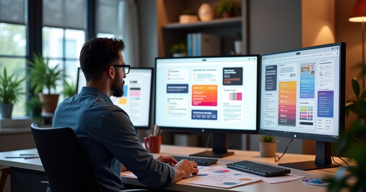 Profissional analisando diferentes layouts de site em tela ampla