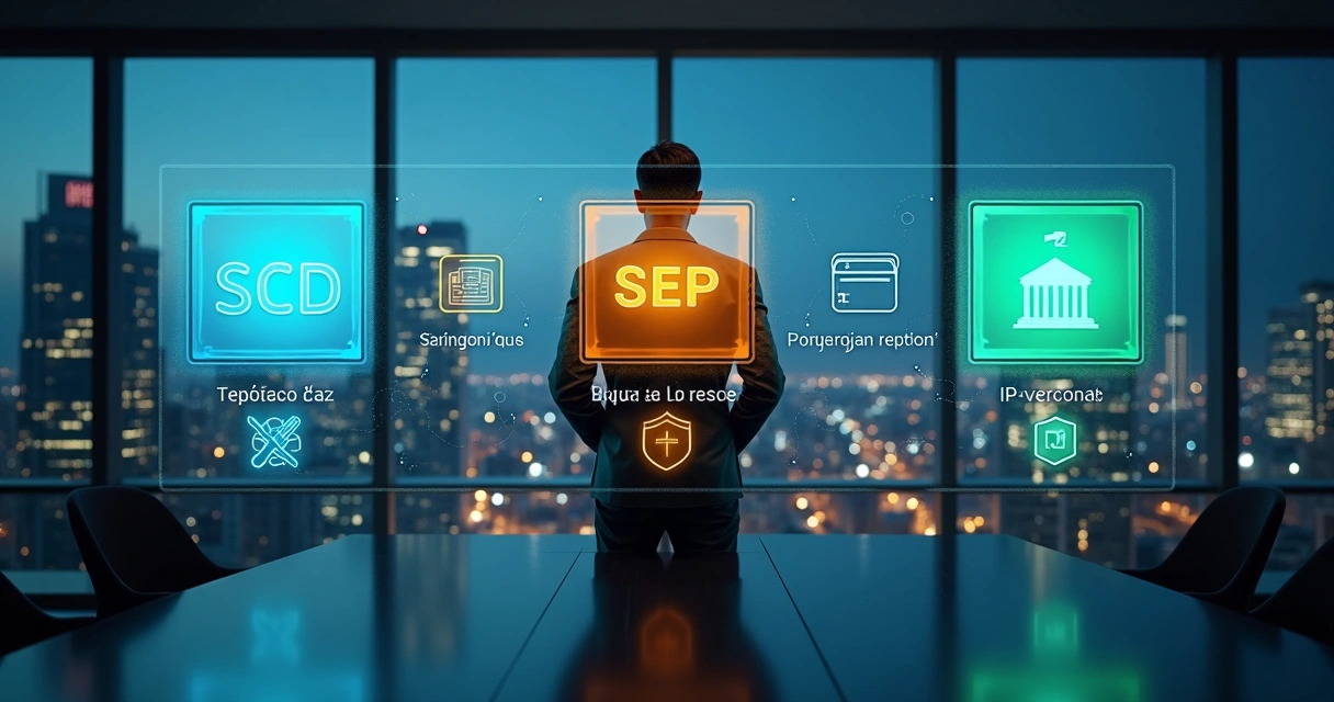 Executivo escolhendo entre licenças SCD SEP e IP em painel digital futurista 