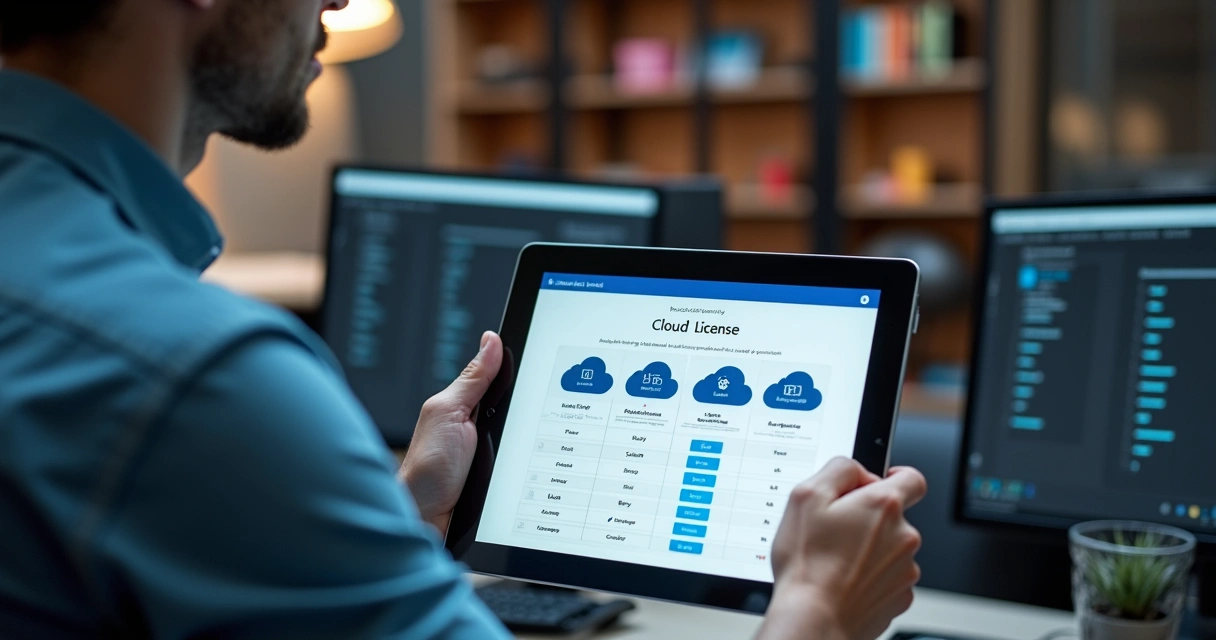 Profissional de TI analisando opções de licenças Microsoft em tablet 
