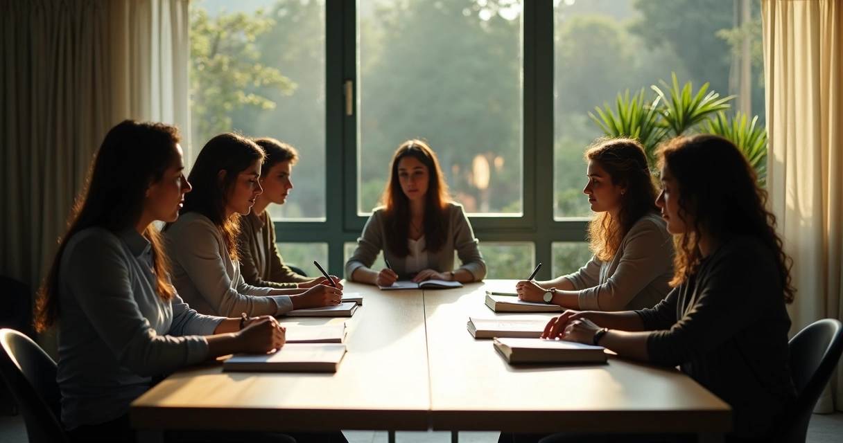 Grupo reunido, olhando para um possível líder em destaque 