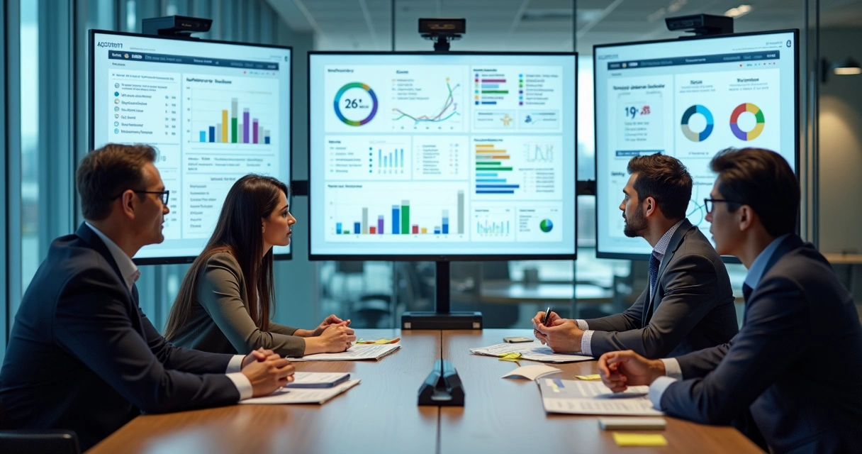 Equipe analisando quadros e gráficos para decisão de plataformas LMS em reunião 