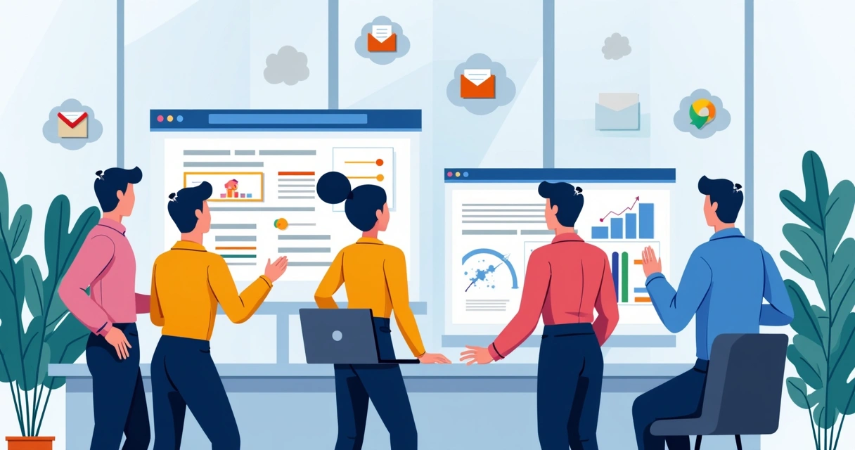 Ambiente de trabalho com equipes debatendo frente a telas com gráficos de colaboração