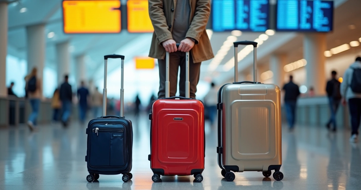 Viajante escolhendo mala de viagem entre diferentes tamanhos e materiais 