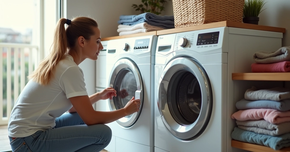 Mulher compara máquina de lavar em lavanderia moderna com roupas e selo de economia de energia ao lado 