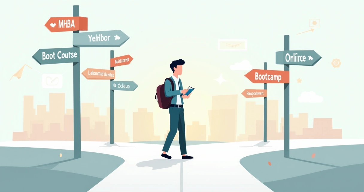Profissional indeciso diante de placas apontando para MBAs, cursos online e bootcamps 