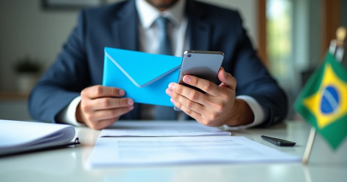 Pessoa segurando diferentes meios de comunicação oficial, como carta, telegrama e celular, avaliando opções 