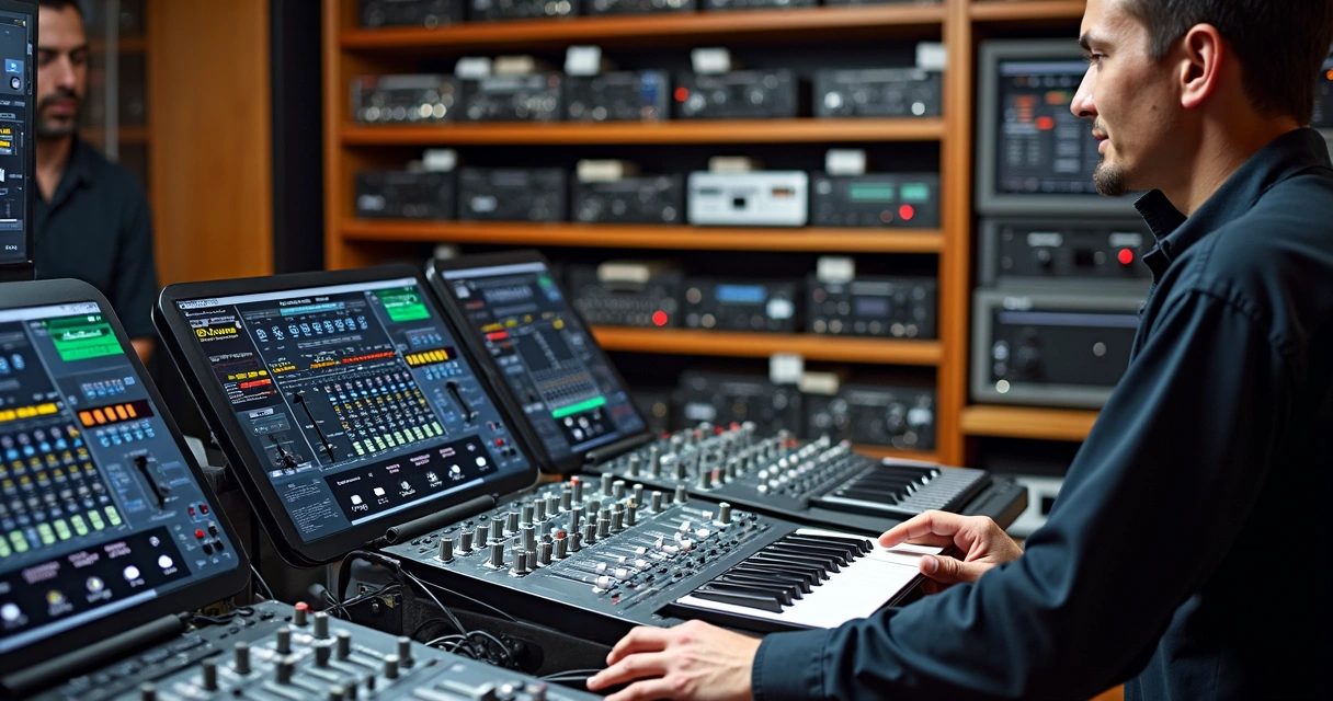 Pessoa escolhendo mesa de som em loja especializada 