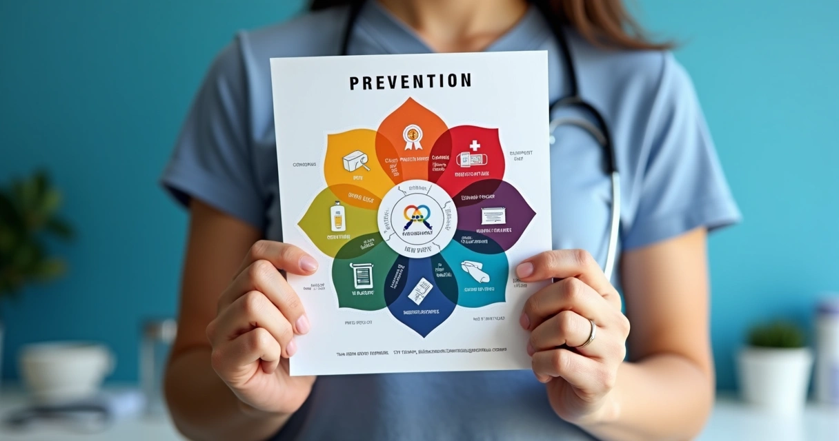 Pessoa adulta segura folheto colorido sobre prevenção combinada com expressão confiante 