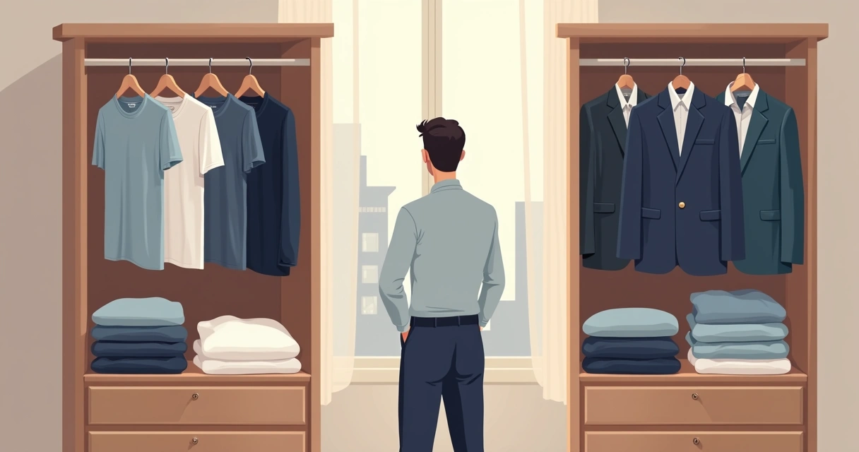 Homem escolhendo roupa em guarda-roupa com camisetas premium e peças de alfaiataria