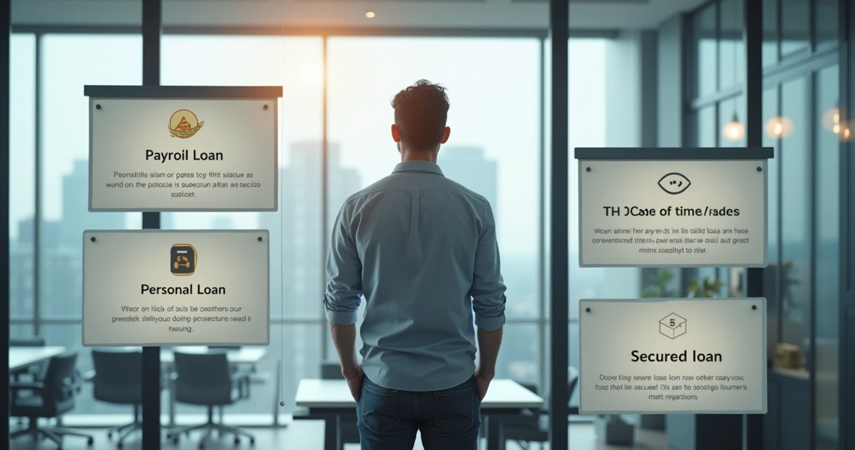 Homem observando várias opções de empréstimo apresentadas em quadros flutuantes 