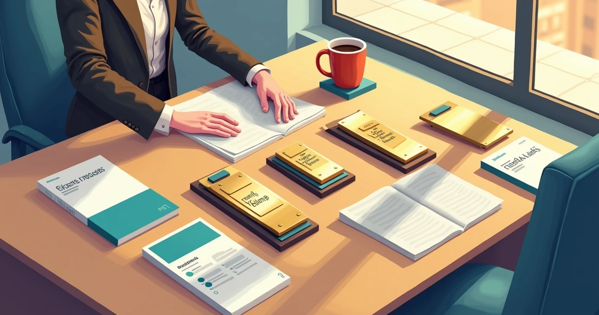 Pessoa comparando diferentes modelos de placas de homenagem. 