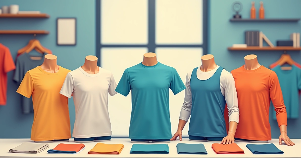 Diferentes modelos e tecidos de camisetas alinhados em uma bancada 