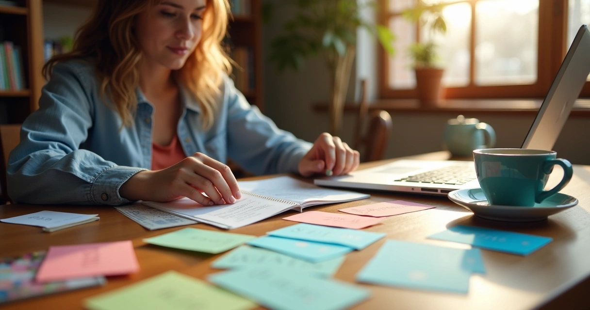 Pessoa escolhendo entre diferentes temas para blog, usando cartões coloridos 