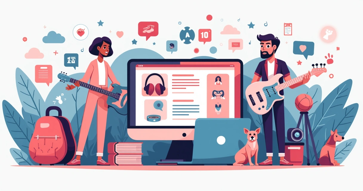 Colagem de exemplos de produtos personalizados para nichos diversos, como música, esportes e pets, sobre mesa branca 