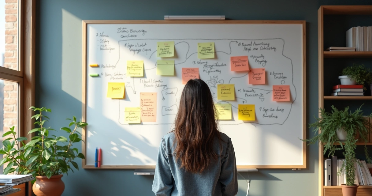 Pessoa em frente a quadro branco repleto de nomes e ideias para blogs 
