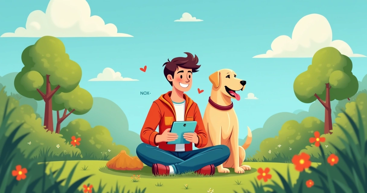 Homem feliz sentado em gramado com labrador, tablet mostrando nomes para cães machos como Max e Rex.