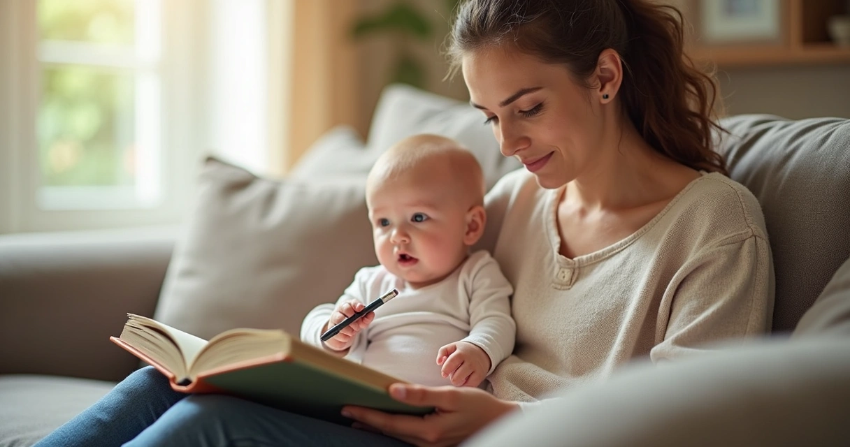 Mãe escolhendo nome para bebê olhando livro de nomes na sala 