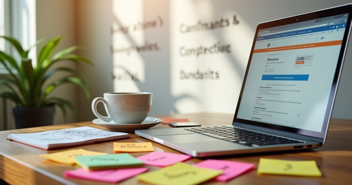 Espaço de trabalho com notas adesivas e laptop, representando o processo de escolha de nome da marca.