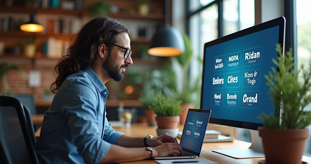 Tela de computador mostrando listas de nomes de marcas criativas 