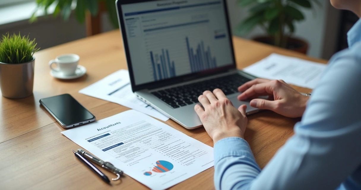 Empresário analisando propostas de serviços de contabilidade em um notebook com papéis ao redor 